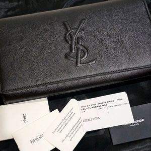 YSL SAINT LAURENT Calfskin Monogram Large Belle De Jour Clutch Black